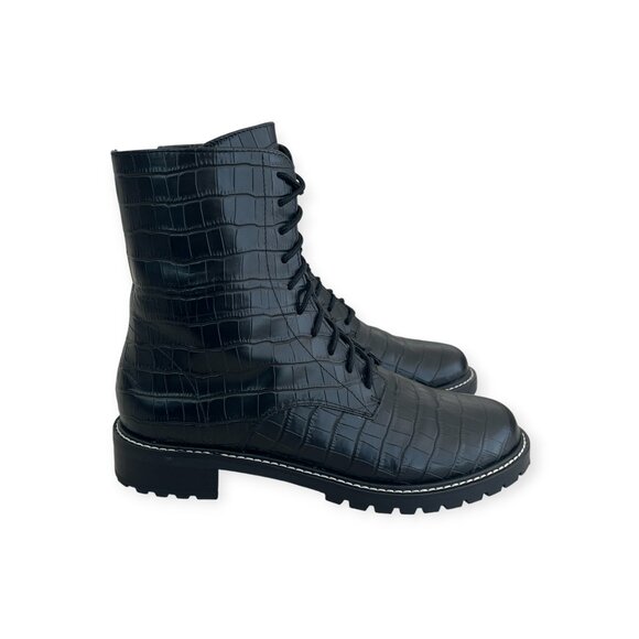 Reformation Amelia Croc-Embossed Black Leather Lace Up Combat Boots | Size 7.5 - Picture 4 of 12